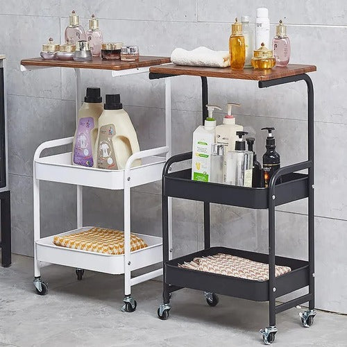 3-Tier Metal Rolling Cart with Wooden Top