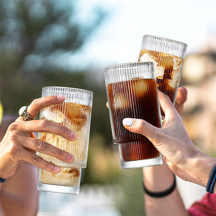 Ribbed Transaprent Glass with Bamboo Lid & Glass Straw