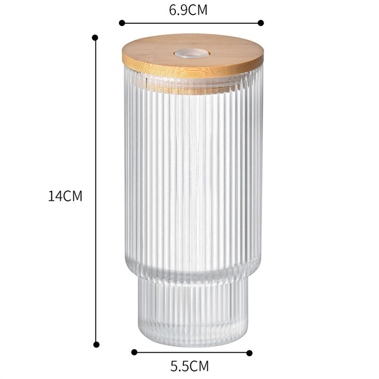 Ribbed Transaprent Glass with Bamboo Lid & Glass Straw