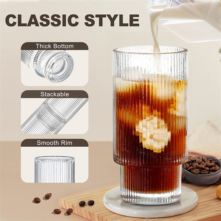 Ribbed Transaprent Glass with Bamboo Lid & Glass Straw